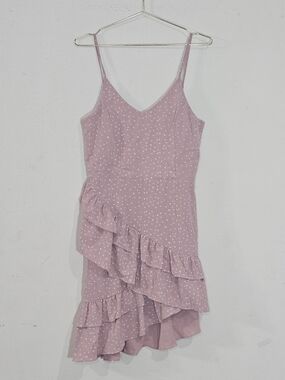Fanco Mini Dress Womens M Lavender Purple Polka Dot Ruffle Asymmetrical V-Neck